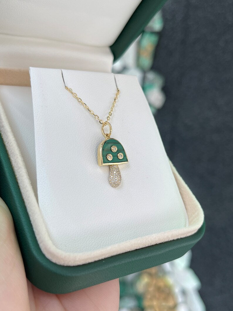 Dazzling 14K Gold Mini Mushroom Pendant Cluster Necklace with 3.13tcw Malachite & Diamonds