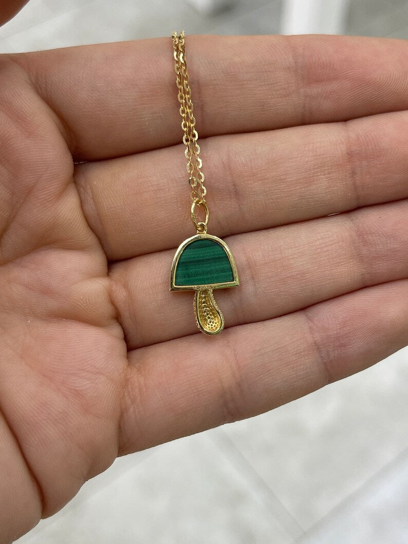 3.13tcw 14K Natural Malachite & Diamond Mini Mushroom Pendant Cluster Charm Necklace - JR Colombian Emeralds