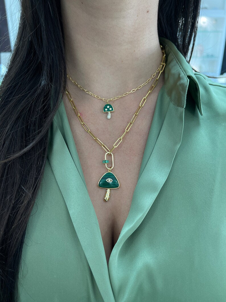 3.13tcw 14K Natural Malachite & Diamond Mini Mushroom Pendant Cluster Charm Necklace - JR Colombian Emeralds