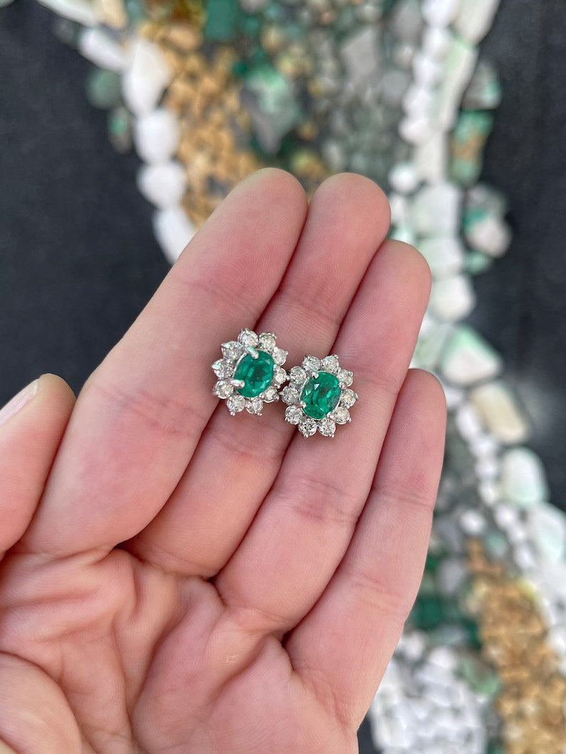 5.0tcw 14K Vivid Rich Green Emerald Oval & Brilliant Floral Round Diamond Halo Stud Earrings - JR Colombian Emeralds