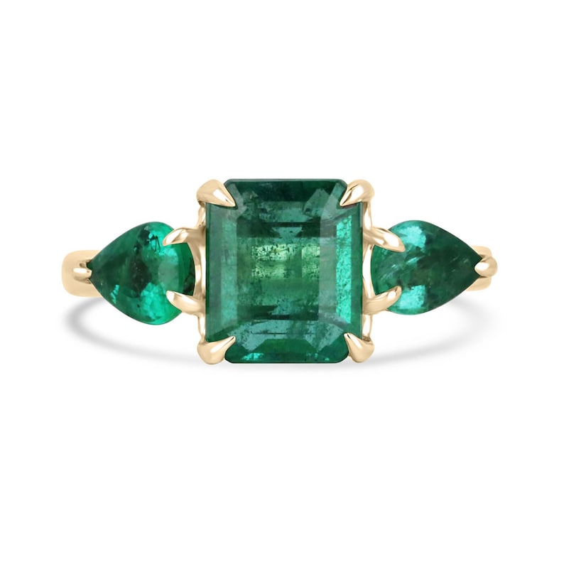 Stunning 14K Gold Ring with 3.08tcw Natural Asscher Cut Emerald & Pear Stones