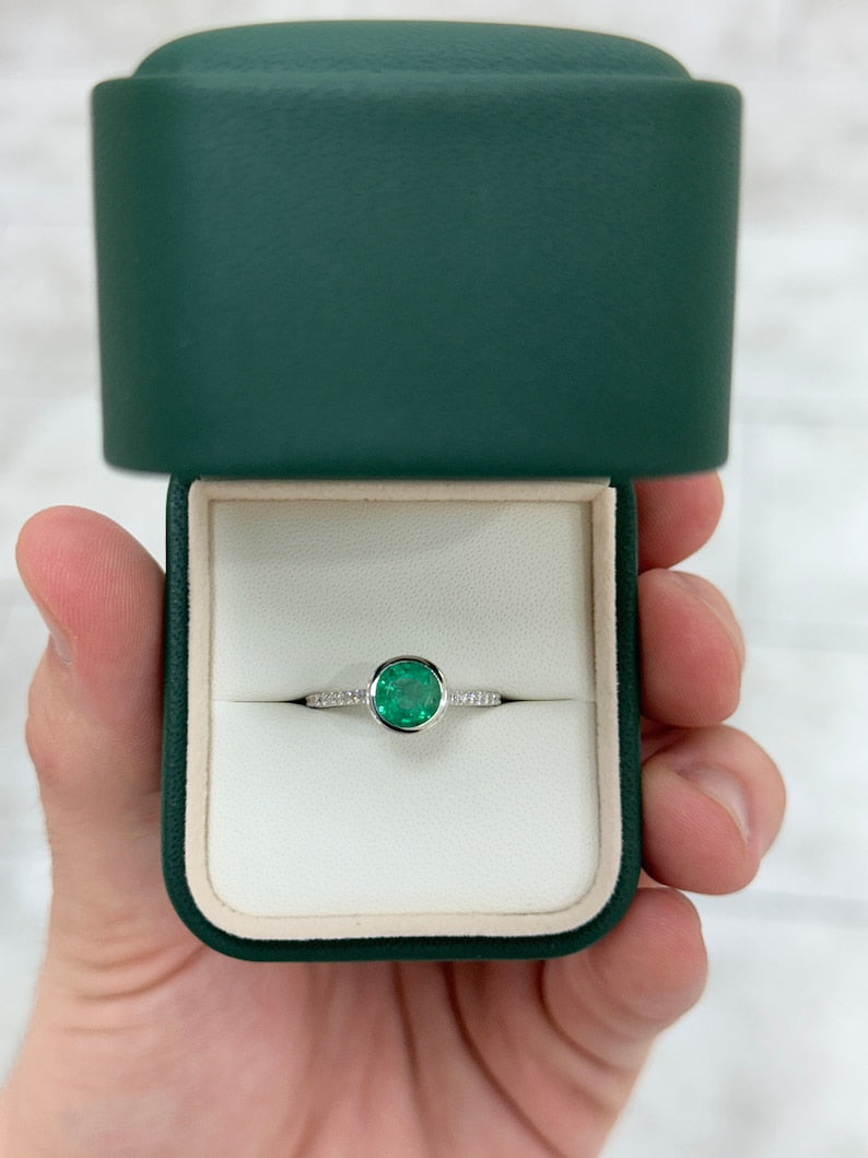 1.60tcw 14K Natural Medium Dark Green Round Emerald Cut & Diamond Shank Accent Ring - JR Colombian Emeralds