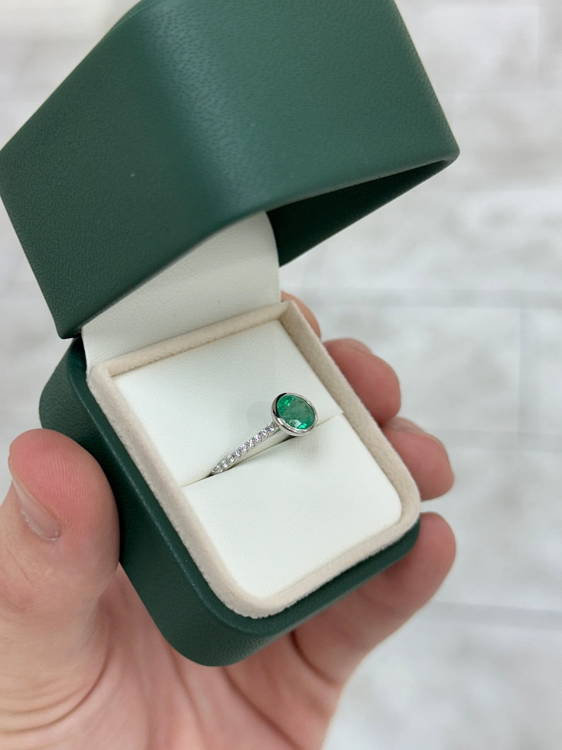 1.60tcw 14K Natural Medium Dark Green Round Emerald Cut & Diamond Shank Accent Ring - JR Colombian Emeralds