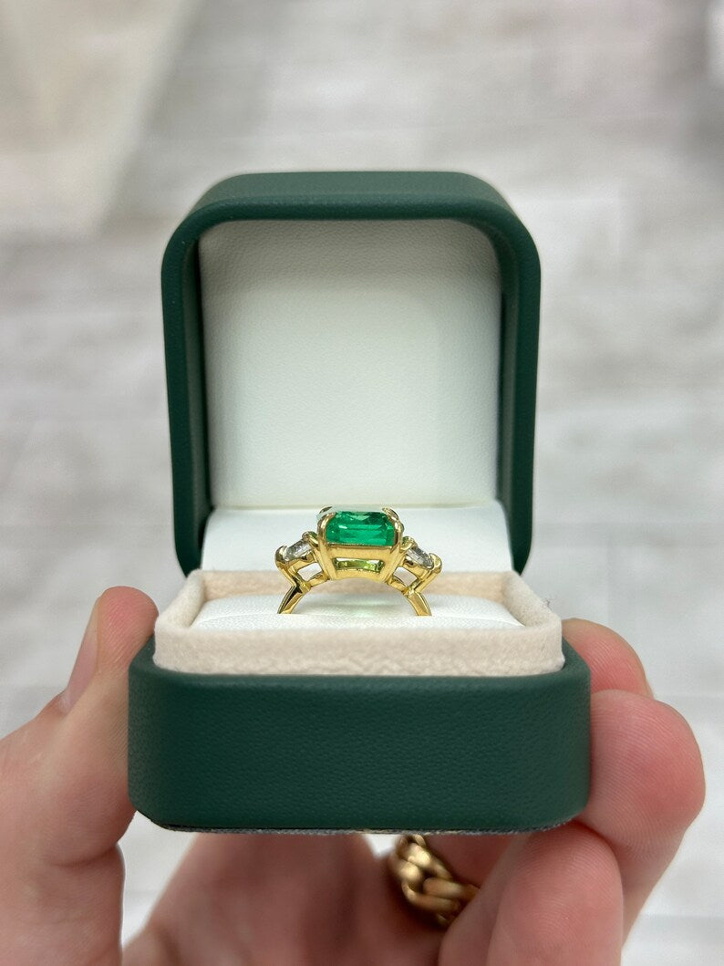 8.92tcw 18K Transparent Vivid Medium Green Emerald Cut Diamond 3 Stone Ring - JR Colombian Emeralds