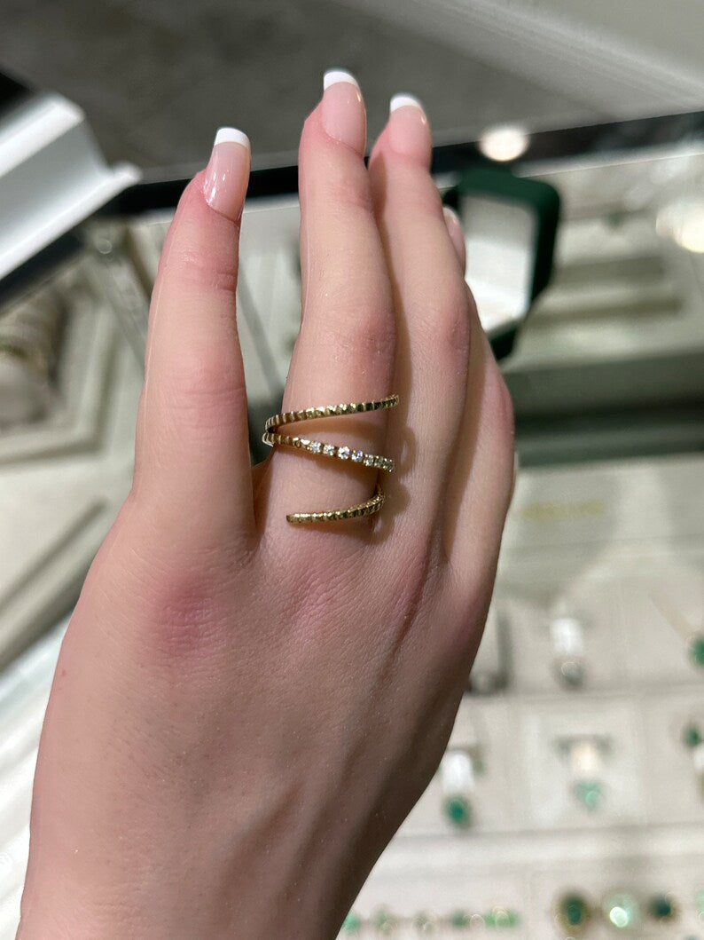 Brilliant 0.20tcw Diamond Full Finger Ring - 14K Trendy Gold Round Cut Band
