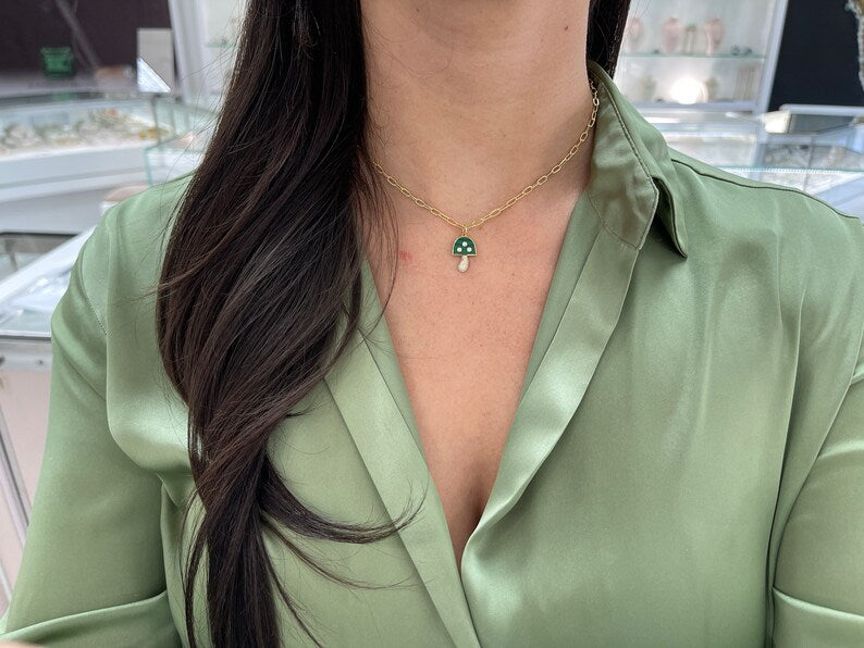 3.13tcw 14K Natural Malachite & Diamond Mini Mushroom Pendant Cluster Charm Necklace - JR Colombian Emeralds