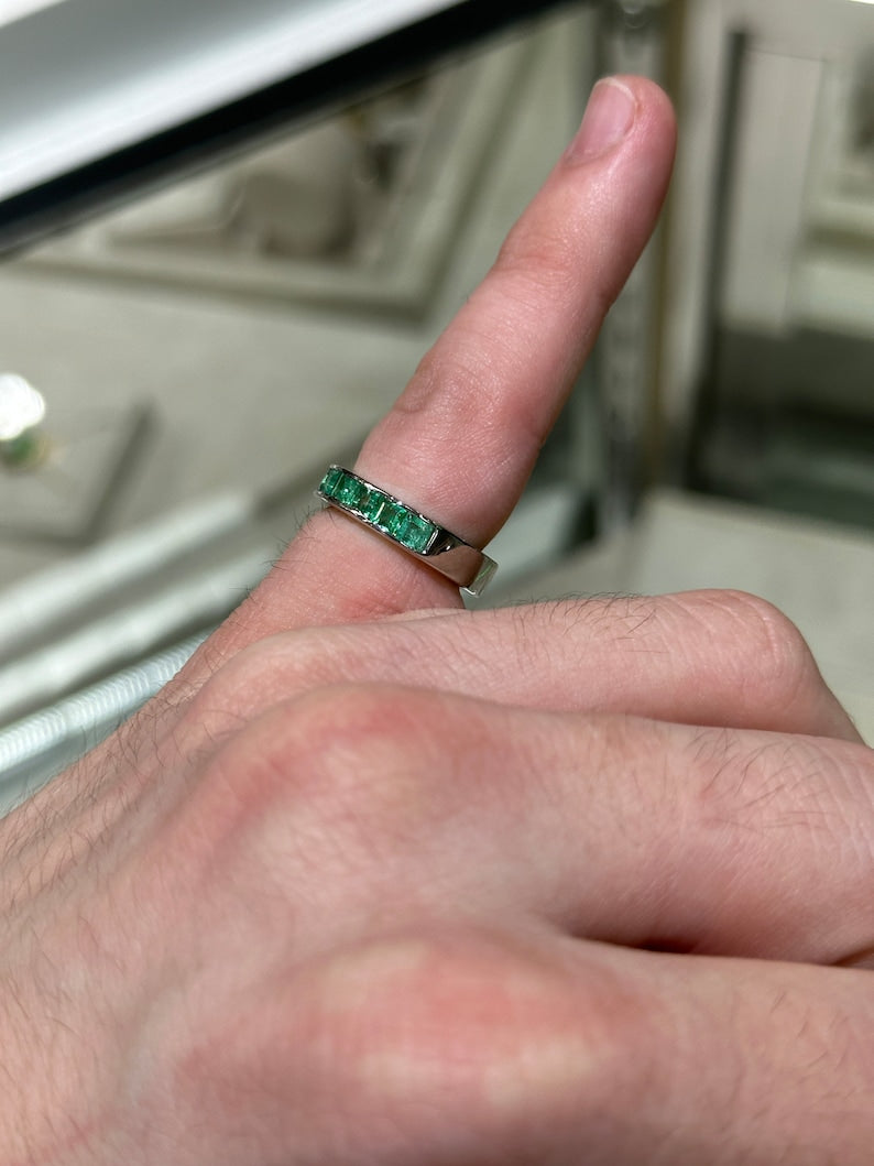 Medium Green Princess Cut Emeralds Set in 18K White Gold - Unisex Wedding Band Ring with 1.35tcw
