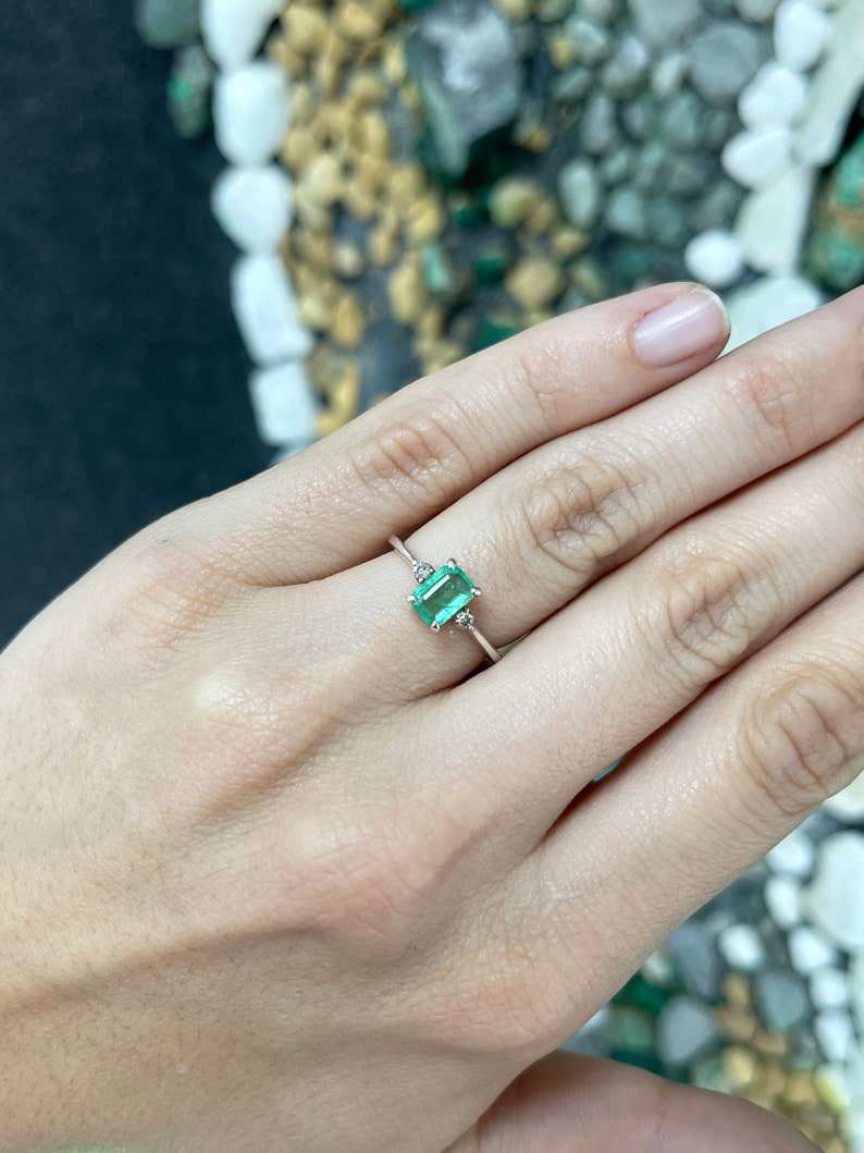 0.98tcw SS Natural Medium Green Emerald Cut Brilliant Round Diamond 3 Stone Sterling Silver Ring 925 - JR Colombian Emeralds