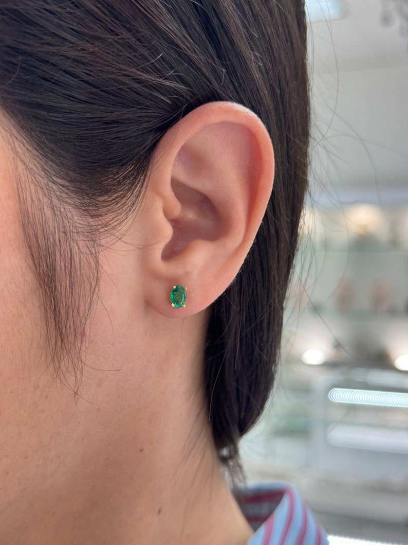 0.80tcw 14K Rich Green Petite Oval Cut Four Prong Emerald Baby Studs Earrings - JR Colombian Emeralds