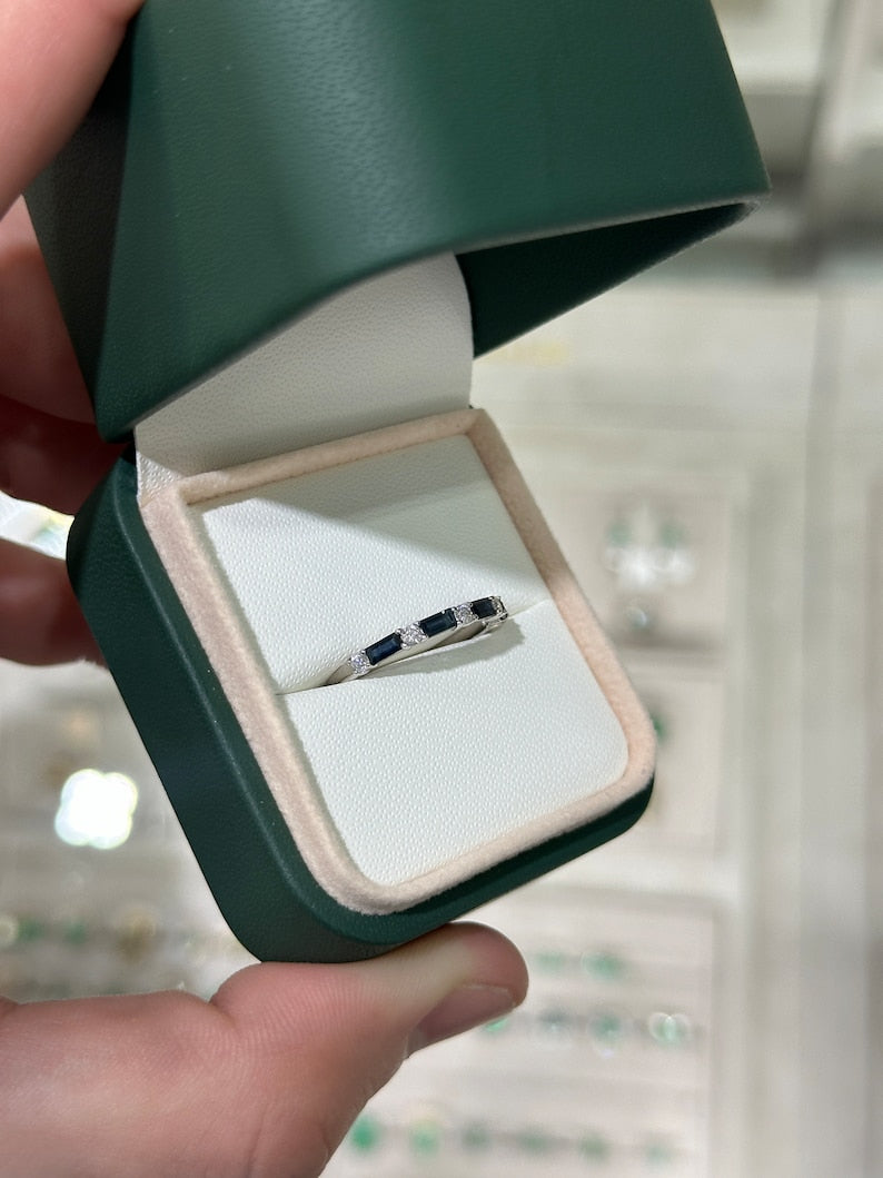 0.58tcw 14K White Gold 585 Natural Deep Blue Baguette Cut Sapphire & Diamond Band Ring - JR Colombian Emeralds