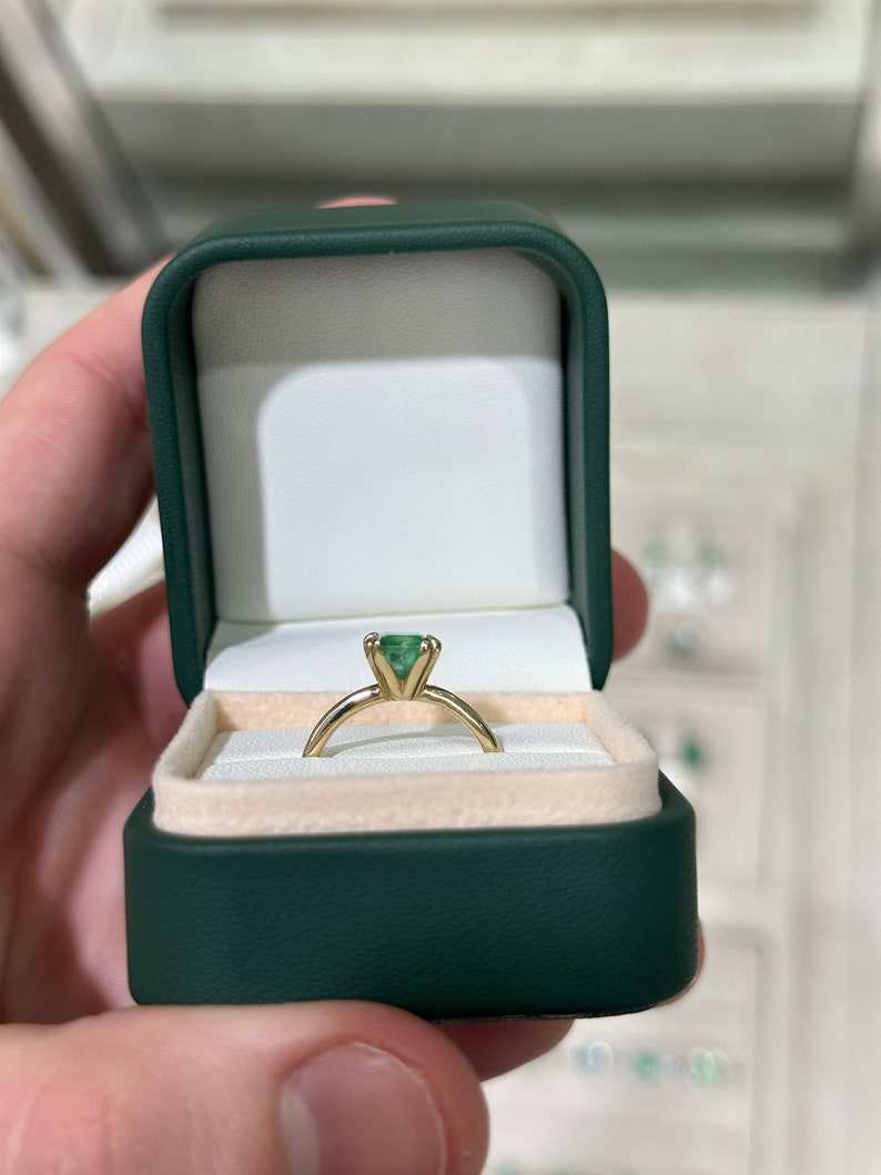 2.50ct 14K Gold Natural Medium Dark Green Emerald Cut Double Claw Prong Solitaire Right Hand Engagement Ring - JR Colombian Emeralds