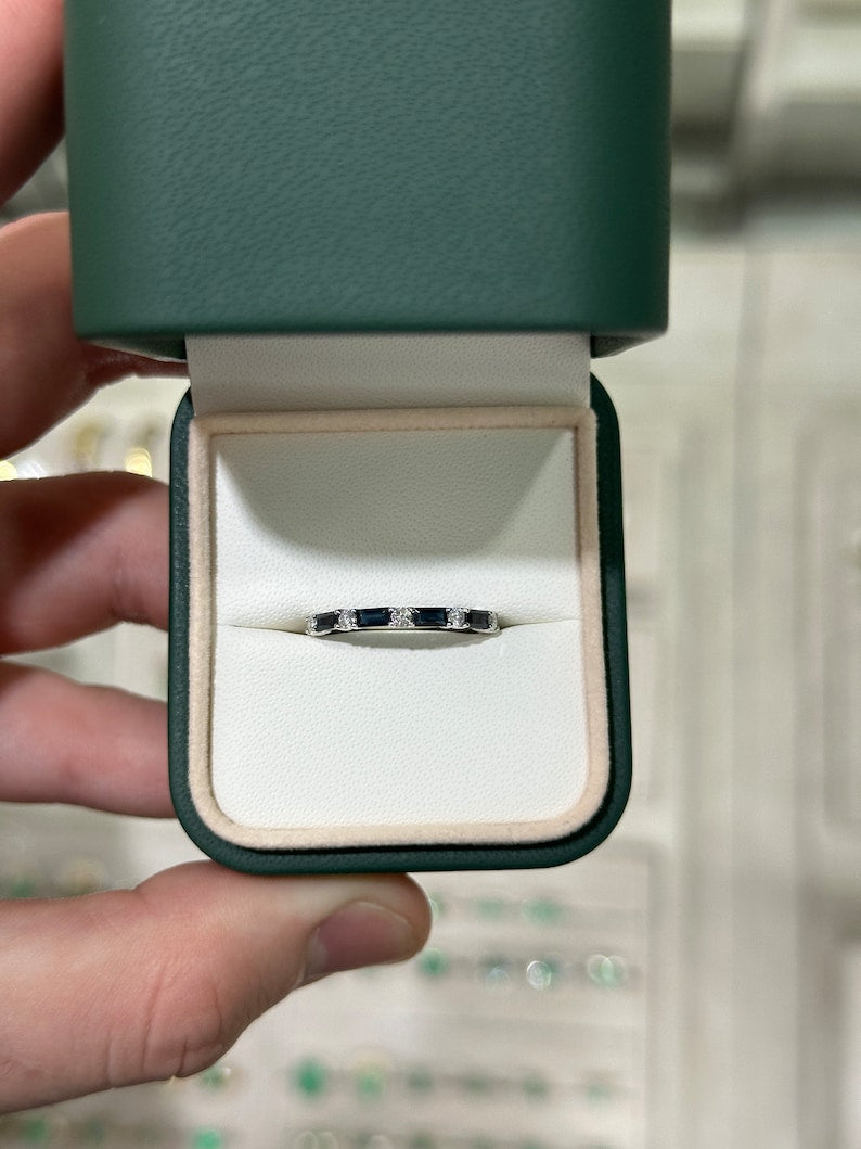 0.58tcw 14K White Gold 585 Natural Deep Blue Baguette Cut Sapphire & Diamond Band Ring - JR Colombian Emeralds