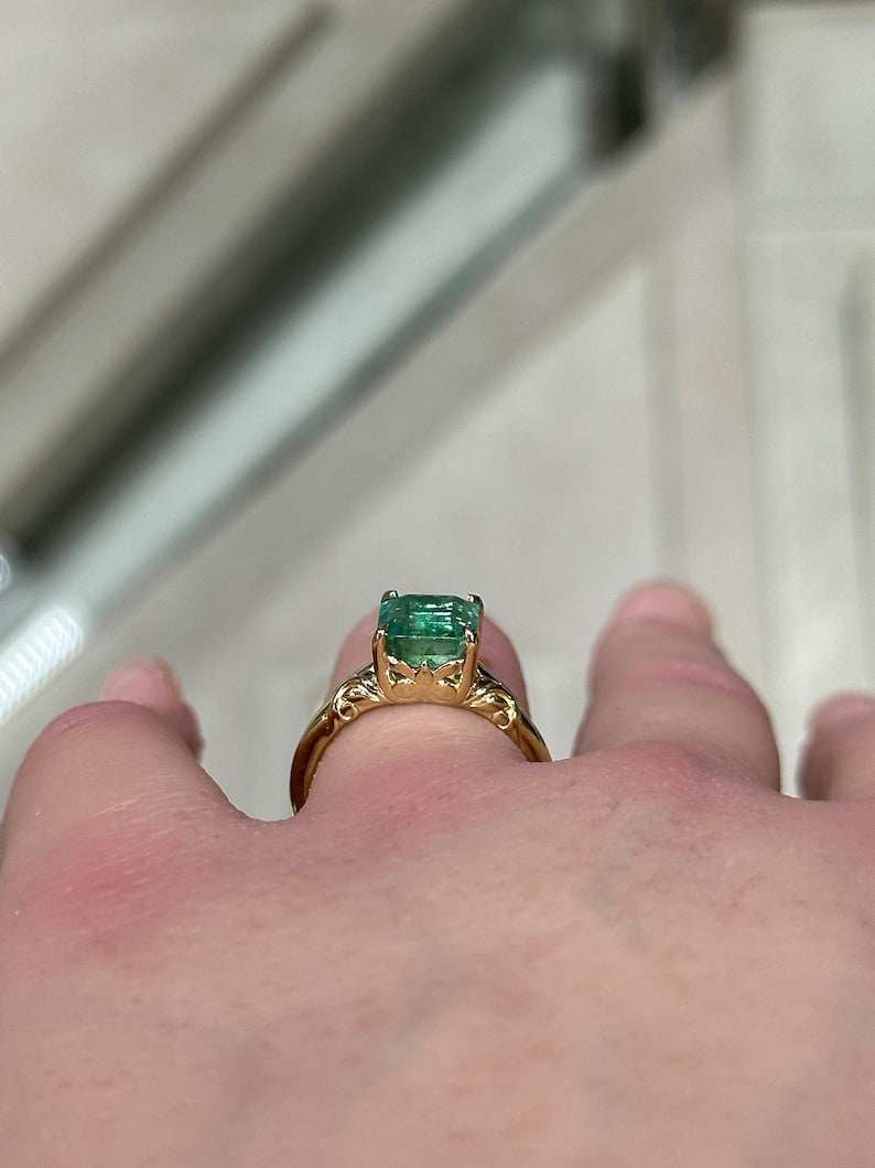 2.37ct Emerald Sculpture Floral Four Prong Solitaire Ring 14K Gold - JR Colombian Emeralds