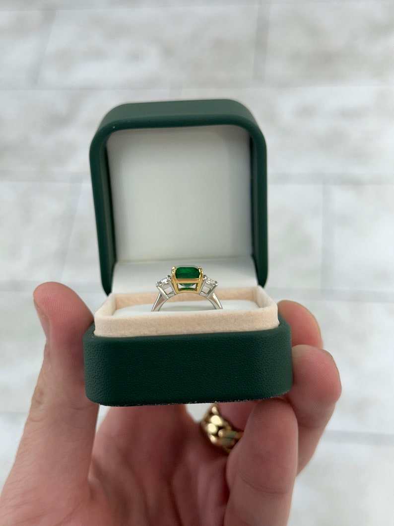 4.79tcw AAA Dark Green Emerald & VVS Diamond Three Stone Ring 18K Plat - JR Colombian Emeralds