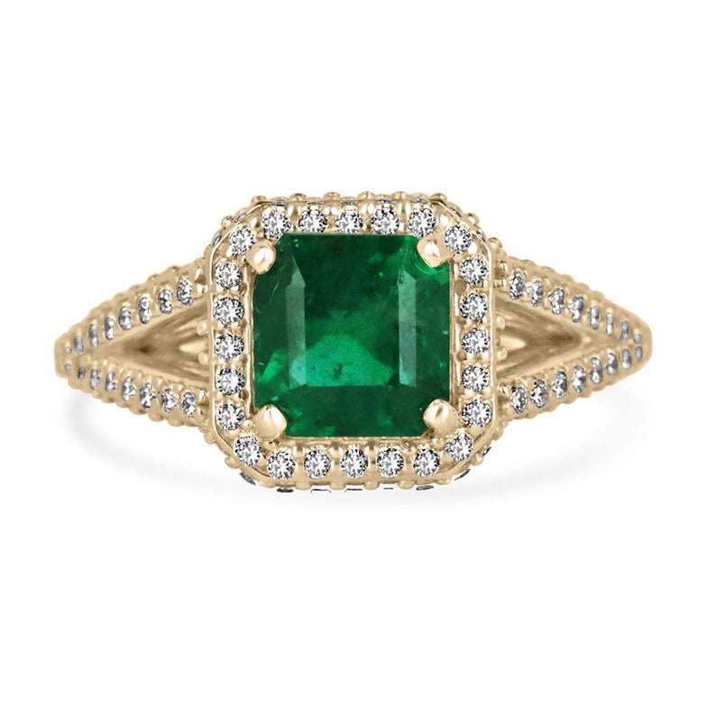 2.55tcw 18K Asscher cut emerald and diamond halo engagement ring in yellow gold
