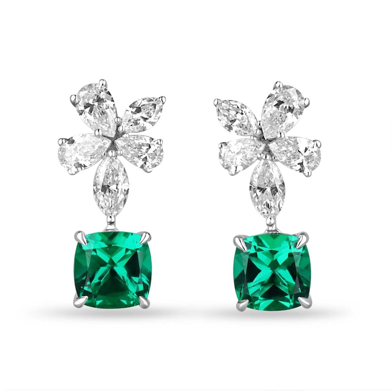 5.45tcw Cushion Emerald and Diamond Floral Dangle Earrings in 14K Gold, AAA+ Lab-Created