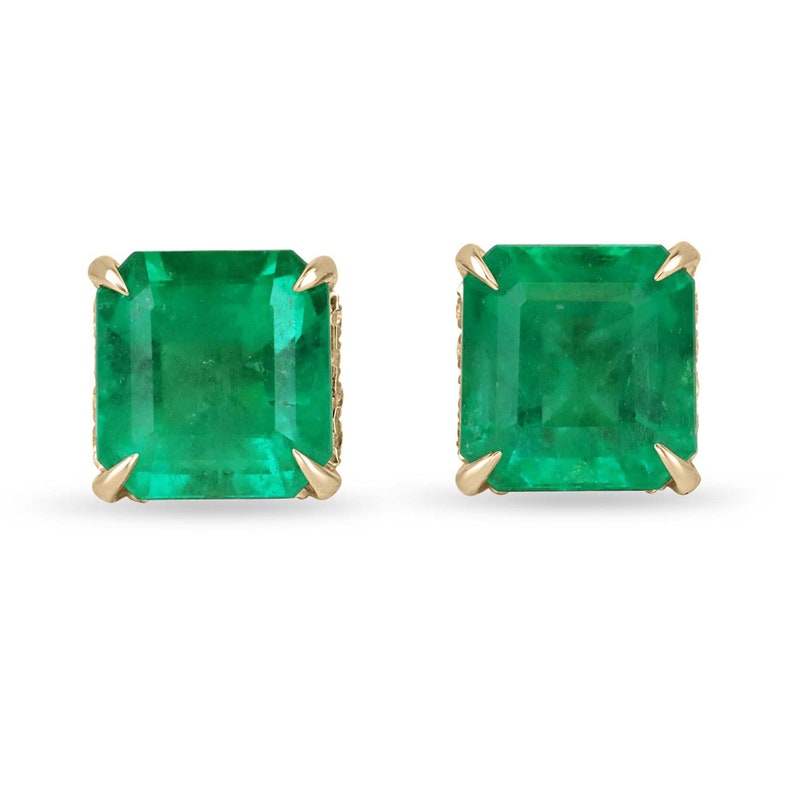 9.28tcw 18K Colombian Emerald & Diamond Stud Earrings, Asscher Cut, Prong Set 750 - JR Colombian Emeralds