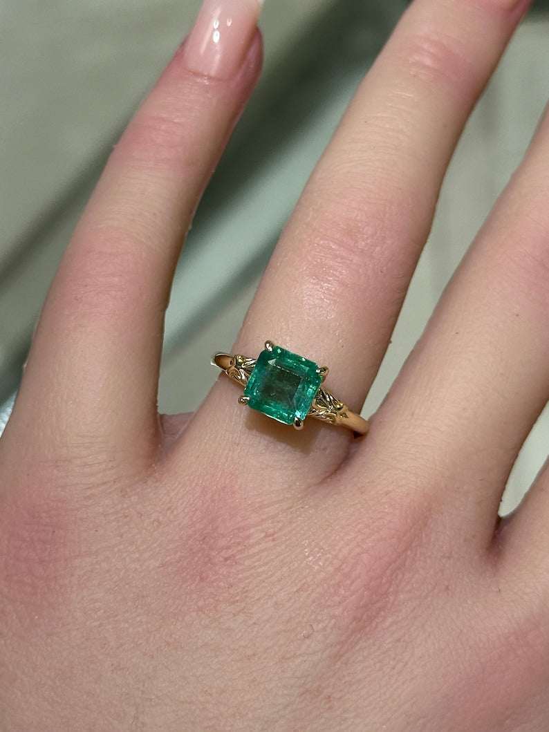 Stunning 2.37ct Solitaire Emerald Ring Set in 14K Floral Gold Setting