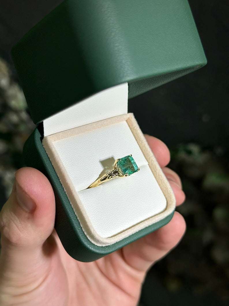 2.37ct Emerald Sculpture Floral Four Prong Solitaire Ring 14K Gold - JR Colombian Emeralds