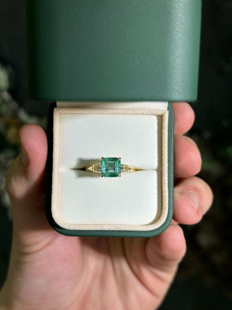 2.37ct Emerald Sculpture Floral Four Prong Solitaire Ring 14K Gold - JR Colombian Emeralds