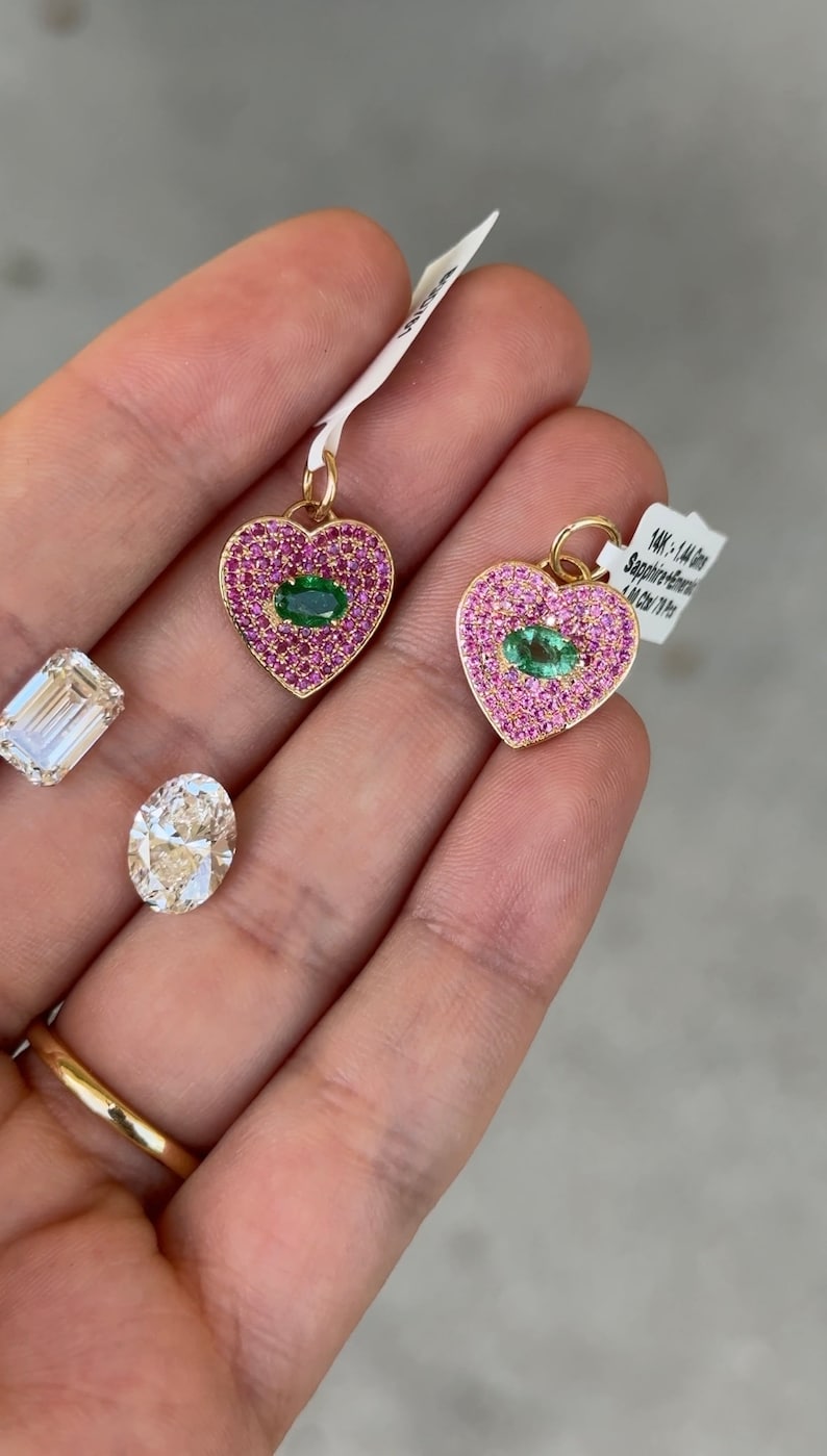 1.0tcw 14K Gold Heart-Shaped Pendant with Emerald and Pink Sapphires