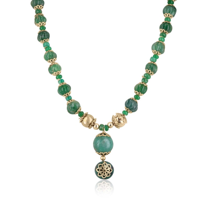 14K Gold Natural Emerald Rough Cut Floral Pendant Necklace | Unique Design