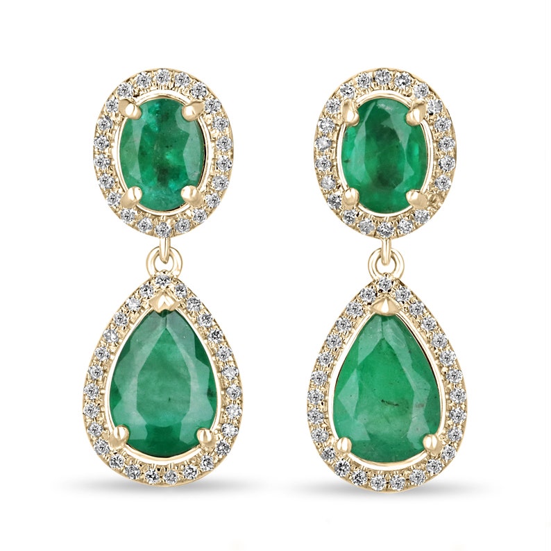 14K Gold Dangle Earrings with 5.40tcw Emerald and Diamond Halo in Oval and Pear Cuts