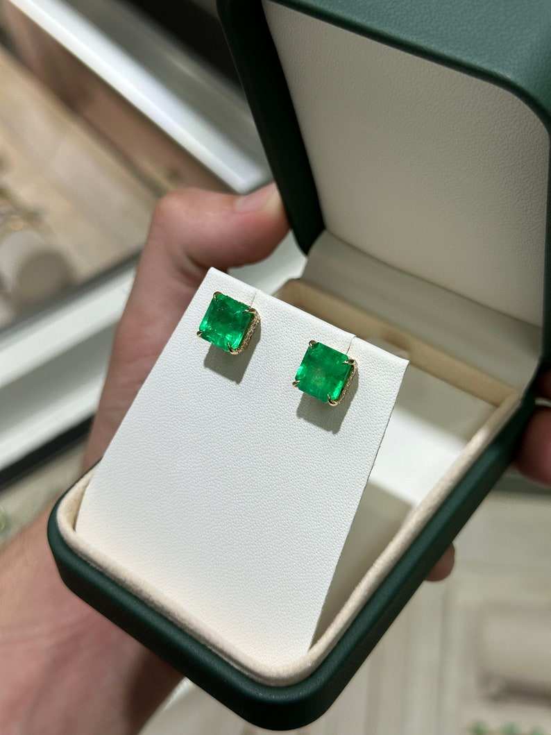 9.28tcw 18K Colombian Emerald & Diamond Stud Earrings, Asscher Cut, Prong Set 750 - JR Colombian Emeralds