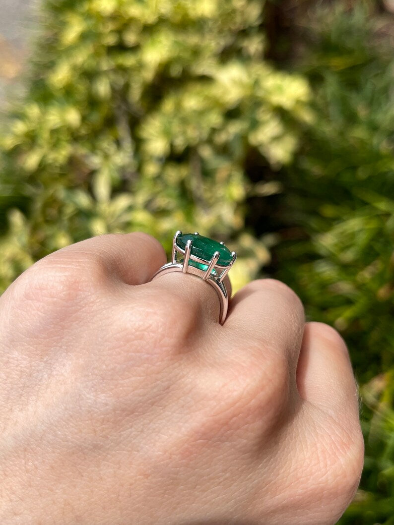 6.20ct 14K Natural Oval Cut Large Emerald Ring in White Gold East-West Setting - JR Colombian Emeralds