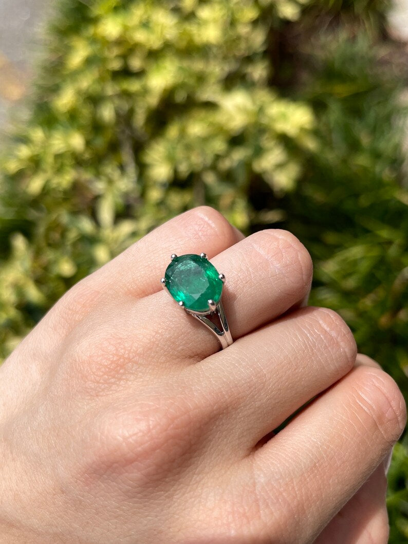6.20ct 14K Natural Oval Cut Large Emerald Ring in White Gold East-West Setting - JR Colombian Emeralds