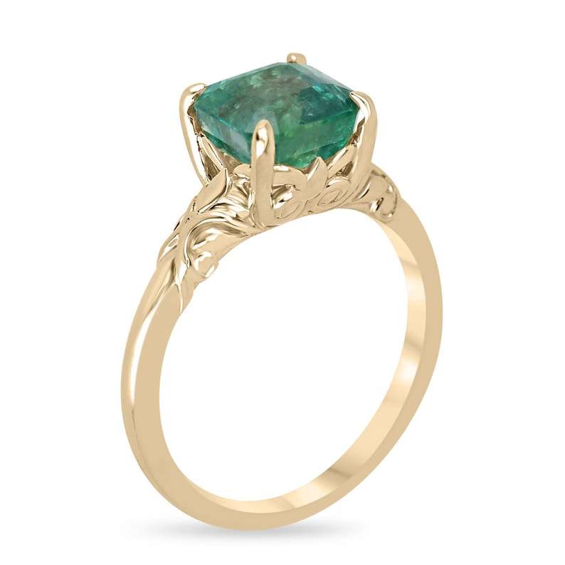 14K Gold Floral Four-Prong Setting with 2.37ct Emerald Solitaire Ring