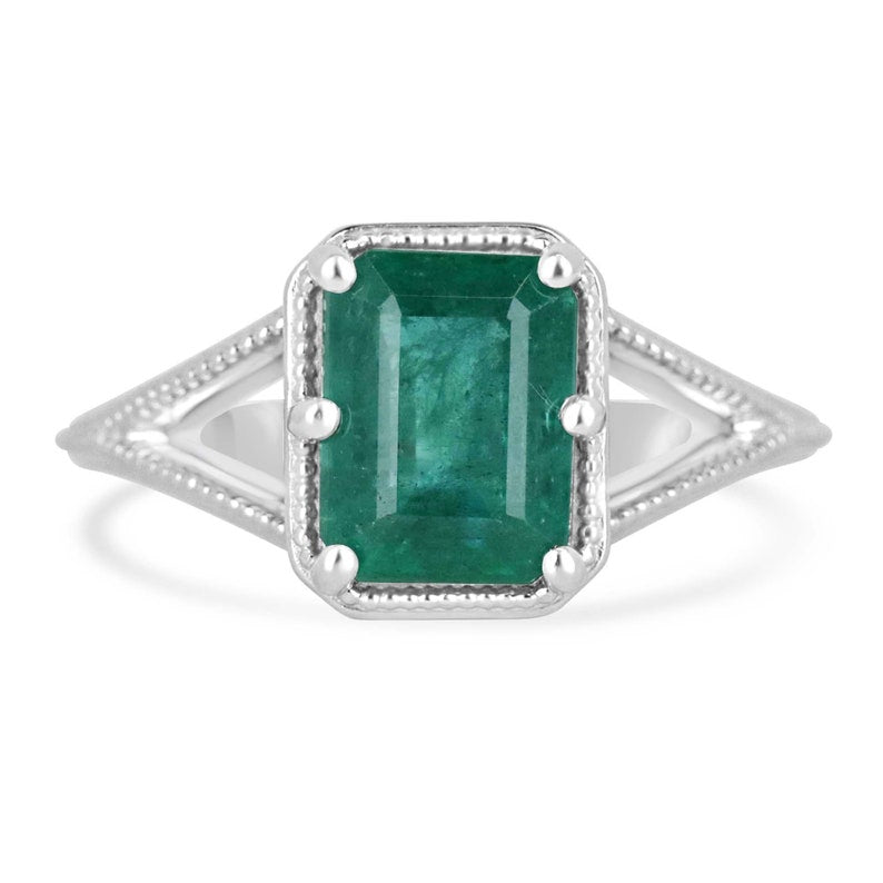 Platinum Solitaire Ring Featuring a 2.22ct Natural Bluish Green Emerald Cut Gem