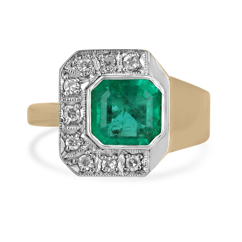 14K Gold Asscher Cut Colombian Emerald Ring with Diamond Accents, 2.14tcw