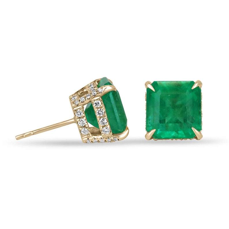 18K Colombian emerald and diamond stud earrings Asscher cut prong set yellow gold