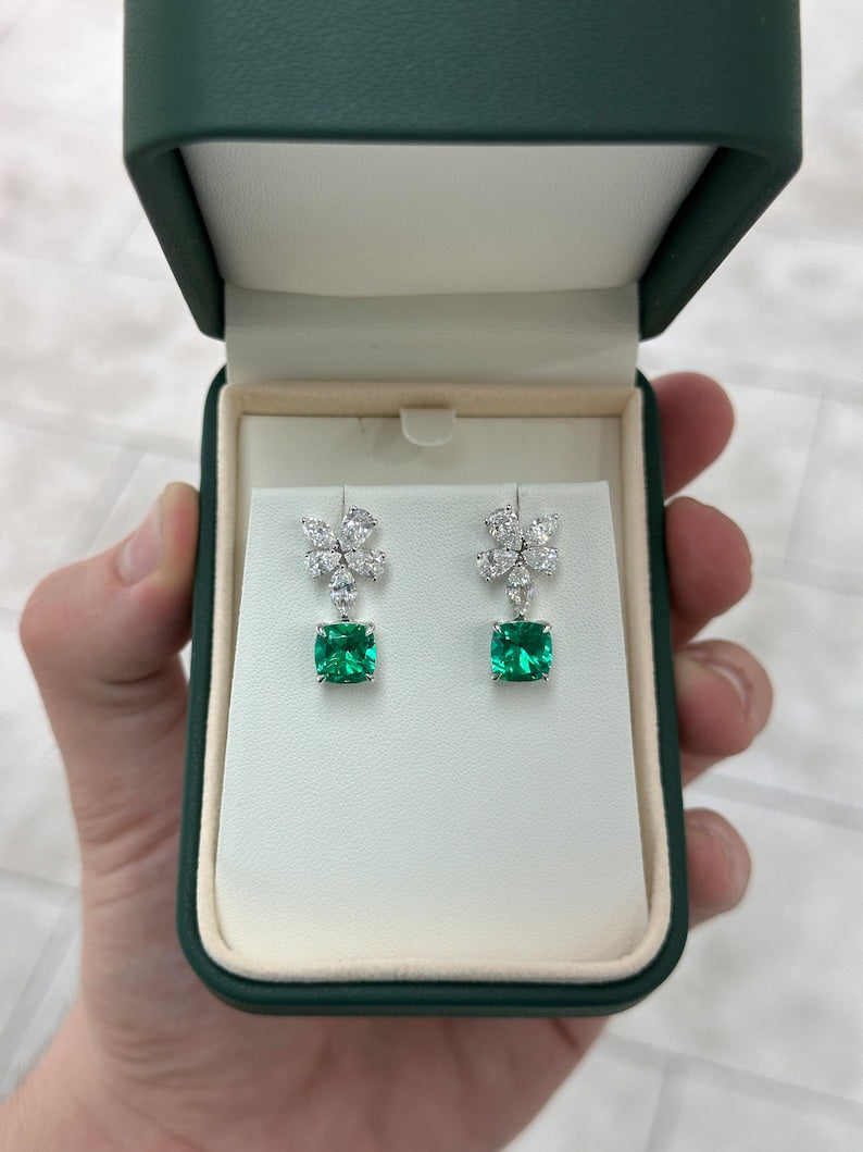 Luxurious 14K Gold Floral Dangle Earrings with AAA+ Lab-Created Cushion Emerald and 5.45tcw Diamonds