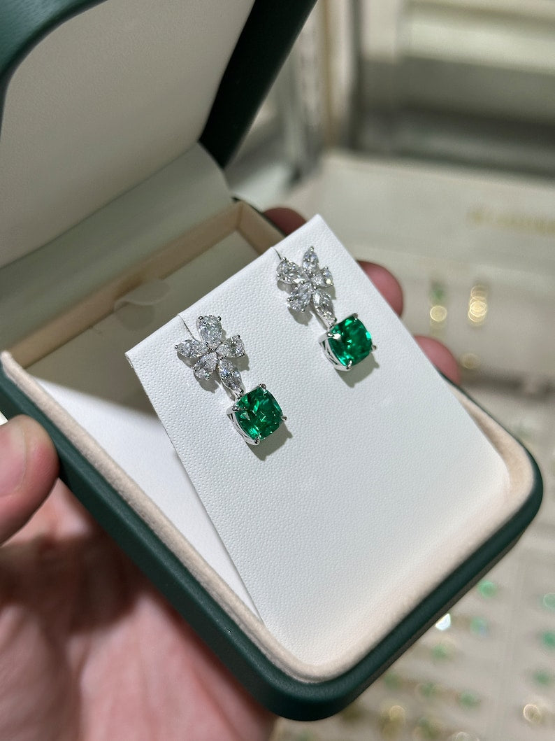 5.45tcw 14K Gold Cushion Emerald & Diamond Floral Dangle Earrings, AAA+ Lab-Created - JR Colombian Emeralds