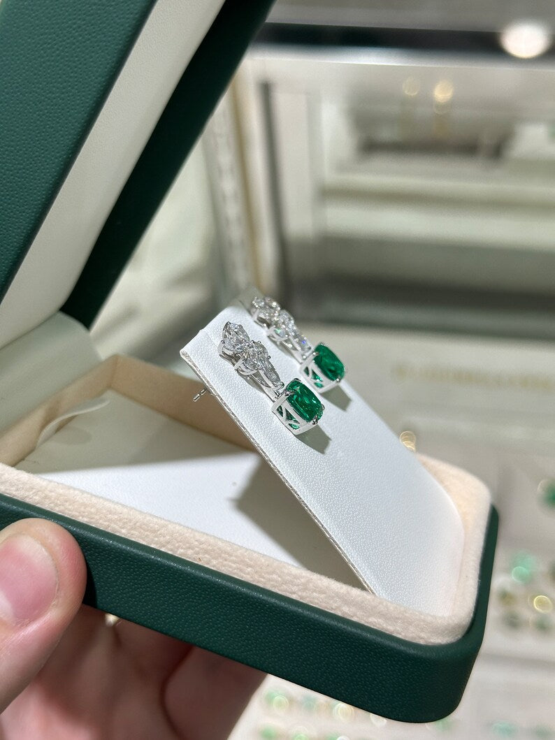 5.45tcw 14K Gold Cushion Emerald & Diamond Floral Dangle Earrings, AAA+ Lab-Created - JR Colombian Emeralds