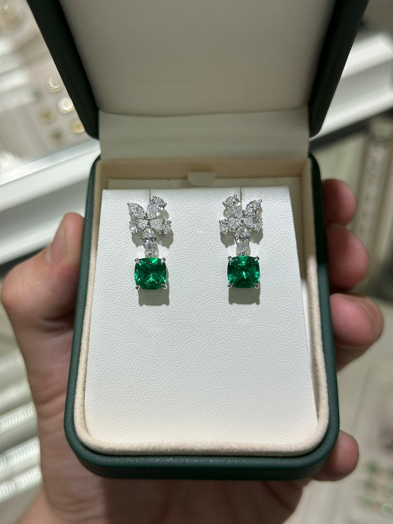 Elegant 5.45tcw Floral Dangle Earrings in 14K Gold with AAA+ Lab-Created Emerald and Diamond Accents