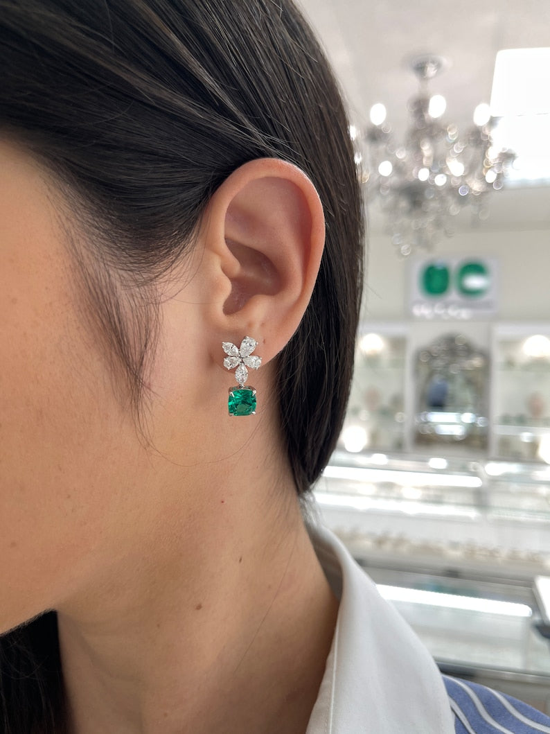 14K Gold Dangle Earrings Featuring 5.45tcw Cushion Emerald and Diamond Floral Design, AAA+ Lab-Created