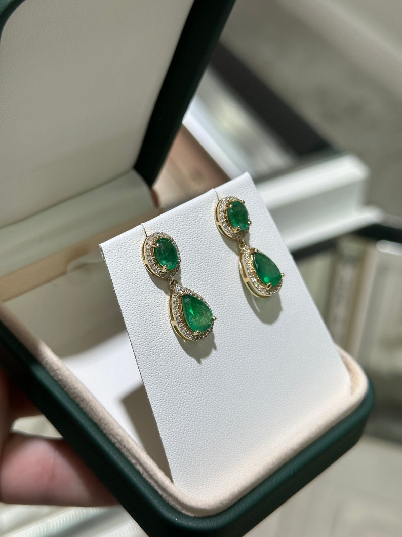 5.40tcw 14K Gold Emerald & Diamond Halo Dangle Earrings, Oval & Pear Cut - JR Colombian Emeralds