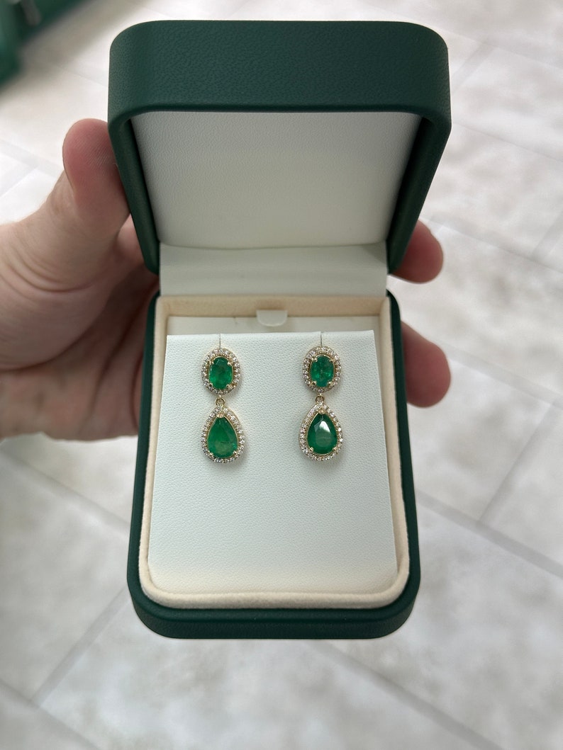 5.40tcw 14K Gold Emerald & Diamond Halo Dangle Earrings, Oval & Pear Cut - JR Colombian Emeralds