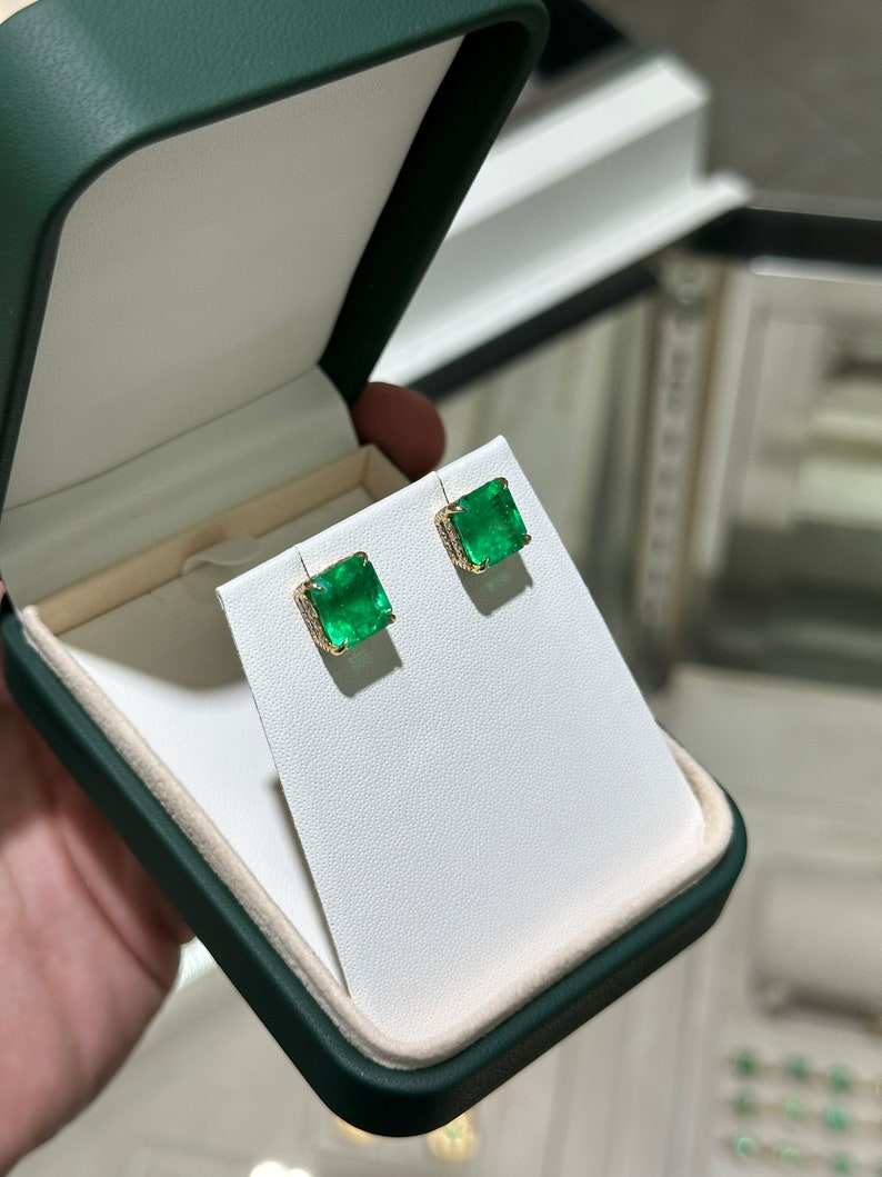 9.28tcw 18K Colombian Emerald & Diamond Stud Earrings, Asscher Cut, Prong Set 750 - JR Colombian Emeralds