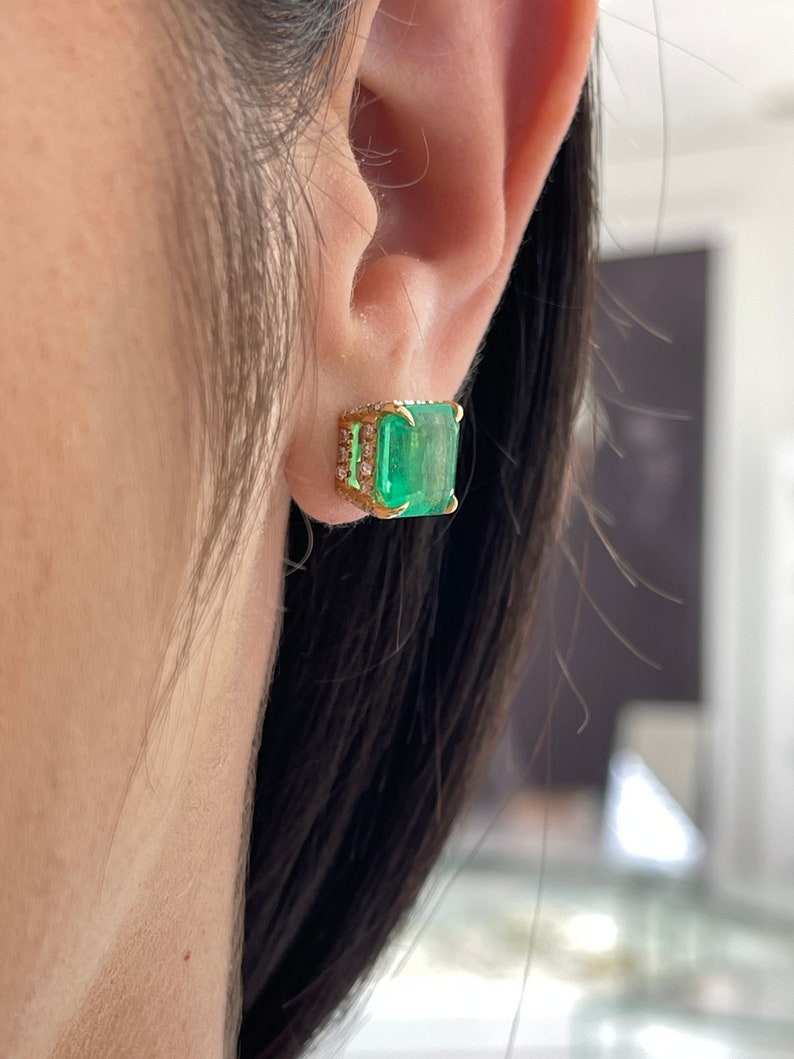 9.28tcw 18K Colombian Emerald & Diamond Stud Earrings, Asscher Cut, Prong Set 750 - JR Colombian Emeralds