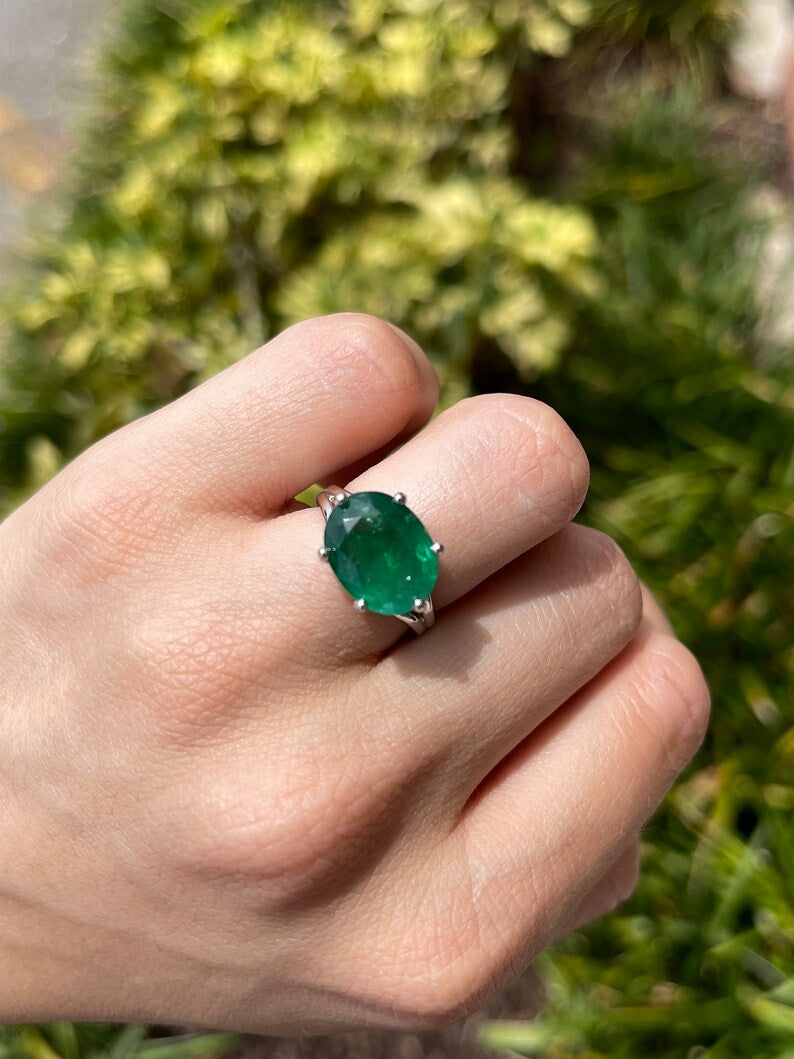 6.20ct 14K Natural Oval Cut Large Emerald Ring in White Gold East-West Setting - JR Colombian Emeralds