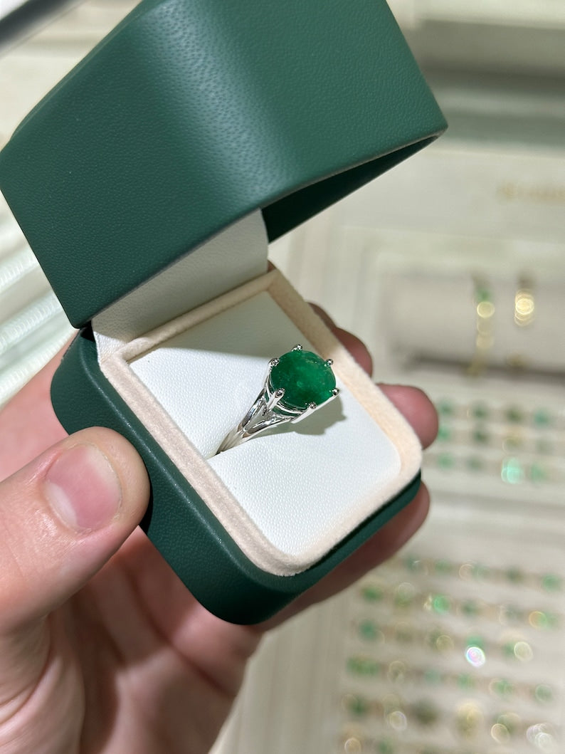 Stunning 6.20 Carat Natural Emerald Ring in East-West 14K White Gold Setting