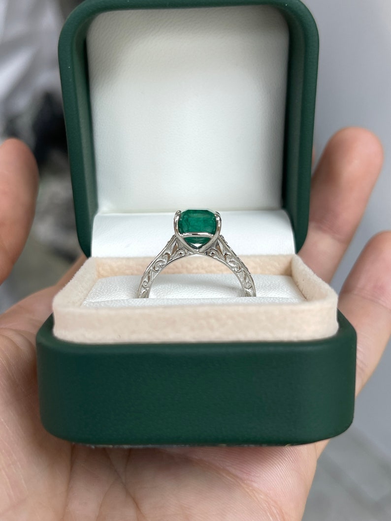 3.57tcw Asscher Cut Emerald & Diamond Engagement Scroll Floral Ring Platinum - JR Colombian Emeralds