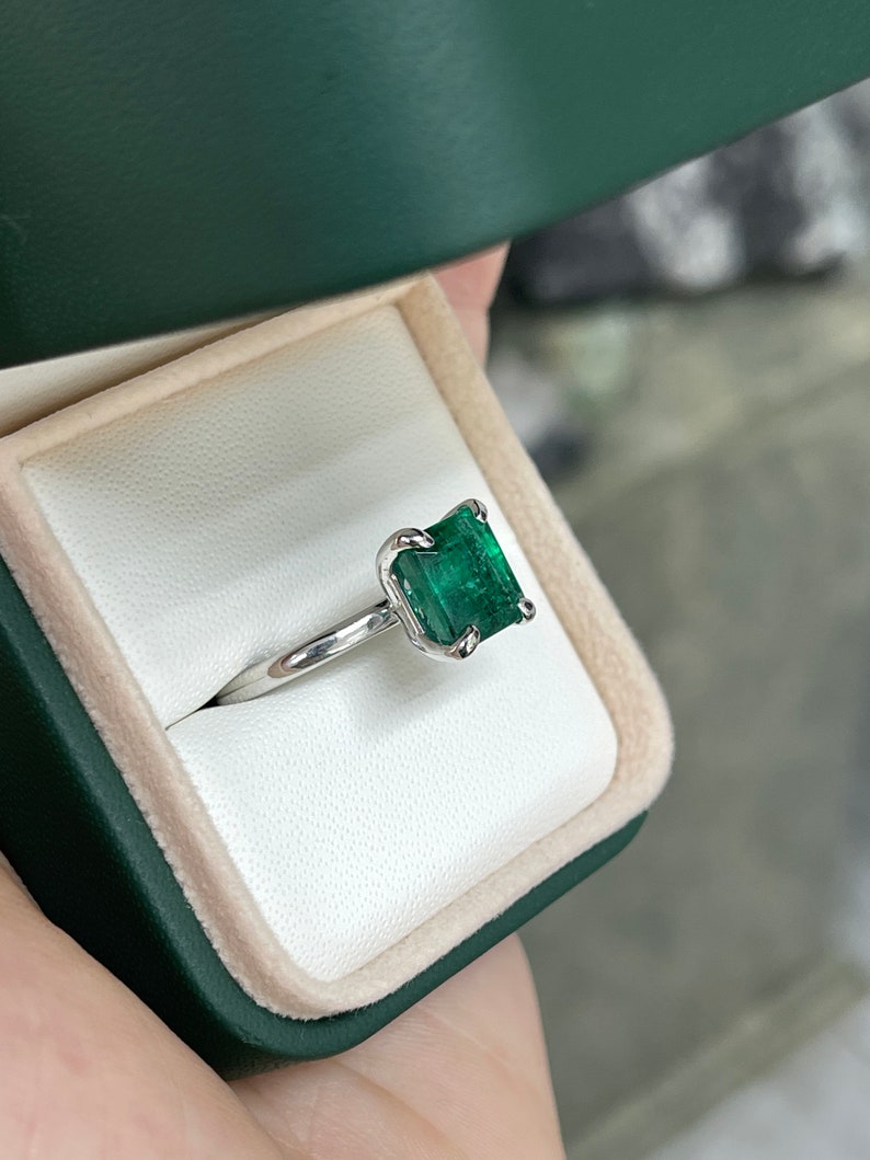 3.85ct 14K Natural Deep Green Emerald Cut Engagement Solitaire Ring White Gold - JR Colombian Emeralds