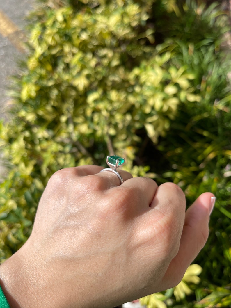 3.85ct 14K Natural Deep Green Emerald Cut Engagement Solitaire Ring White Gold - JR Colombian Emeralds
