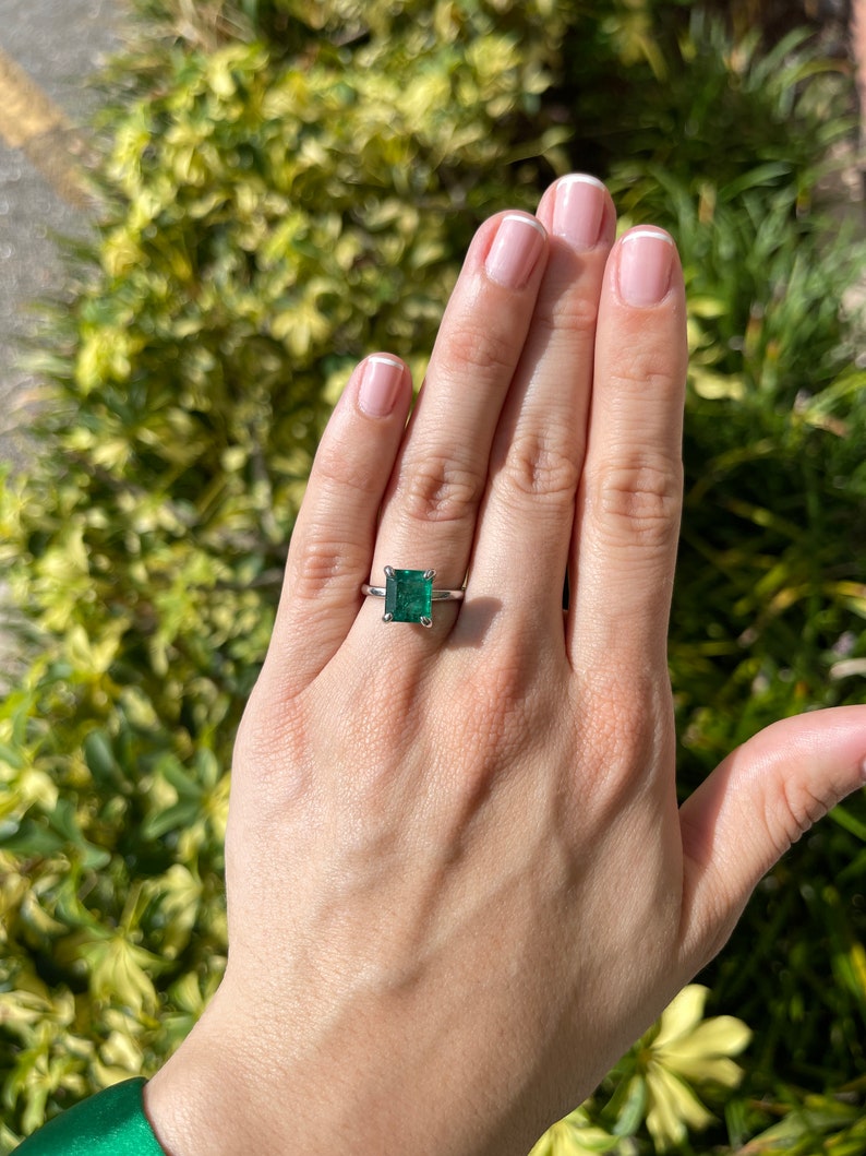 3.85ct 14K Natural Deep Green Emerald Cut Engagement Solitaire Ring White Gold - JR Colombian Emeralds