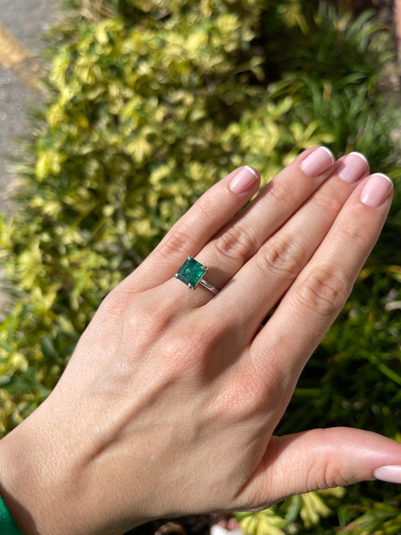 3.85ct 14K Natural Deep Green Emerald Cut Engagement Solitaire Ring White Gold - JR Colombian Emeralds